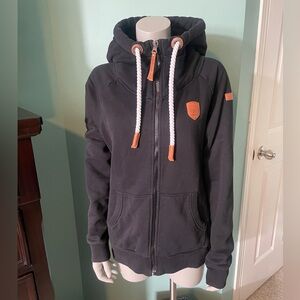 WANAKOME Black Full Center Zip Hoodie with White Drawstrings- Ladies XL